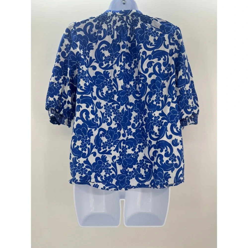 Boden Womens 10 Blue White Floral Linen Smocked Puff Sleeve Button Down Blouse